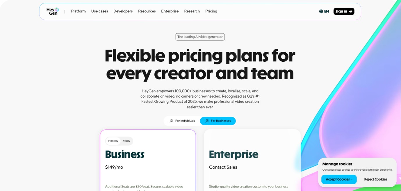 Pricing pagina met For Businesses geselecteerd